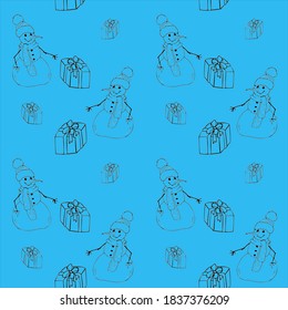 hand drawing vector seamless pattern.  Christmas endless background . vector snowman illustration. 