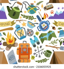 Hand drawing vector seamless pattern of camping stuff. Flat style simple illustration of countryside design icons. Use for outdoor design, textile, fabric, pattern, print, postcard, poster