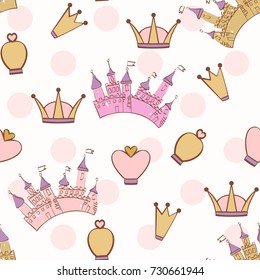 Hand drawing vector seamless pattern with crowns and castle.