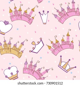 Hand drawing vector seamless pattern with crowns and castle.