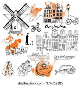 Hand drawing vector set of Amsterdam 