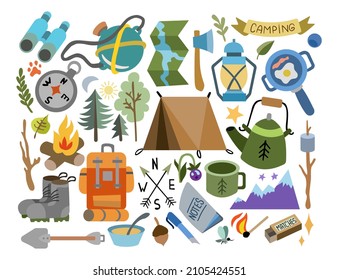 Hand drawing vector set of camping stuff. Flat style simple illustration of countryside design icons. Use for outdoor design, textile, fabric, pattern, print, postcard, poster, children’s book, web