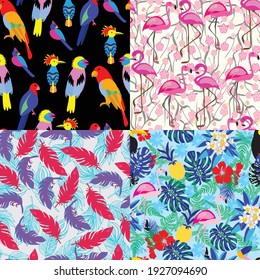 Hand drawing vector set of Seamless pattern, background with jungle bird such as flamingo, parrot, toucan and exotic flowers. Botanical wallpaper, fabric vector design.