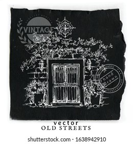 Hand drawing vector sketch of old entry. Shabby chic sharming drawings. Scrapbooking. European archtecture elements. Windows, doors, old stone walls. White drawing on black paper. Chalk drawing.