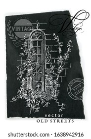 Hand drawing vector sketch of old arch window. Shabby chic sharming drawings. Scrapbooking. European archtecture elements. Windows, doors, old stone walls. White drawing on black paper. Chalk drawing.