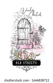Hand drawing vector sketch of old street view. Shabby chic sharming drawings. Scrapbooking kit. European archtecture elements. Windows, doors, old stone walls. Rural landscape. Small town houses. Ink 