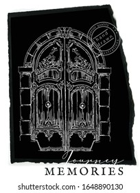 Esbozo vectorial de dibujo manual sobre fondo de papel negro. Dibujos chic y chic de Shabby. Vieja puerta de arco. Ventanas, puertas, antiguas paredes de piedra. Recuerdos de vacaciones. 
