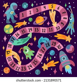 Hand Drawing Vector Space Board Game. For children, family pastimes. Use for gaming, design, card, poster, print. Game way with planets, stars, aliens, rocket and astronaut