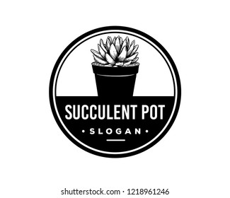 Hand Drawing Vector Succulent Pot Decorative Plants Sign Symbol Vintage Circle Logo Template Design Inspiration
