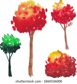 Hand drawing Vector. Three trees and bush. Fall. Set of 4 elements