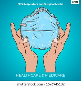 Vector de dibujo manual de dos gestos manuales que muestran una ilustración de máscara respiratoria. Gráfica vectorial de máscara quirúrgica N-95. Objeto de dibujo realista de la atención médica y de la salud.Máscara respiratoria de seguridad. Eps 10