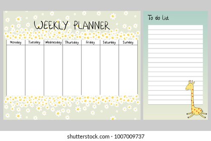 Hand drawing vector weekly planner with giraffe.