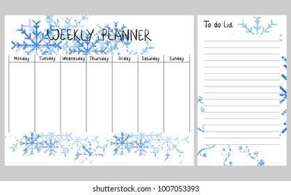 Hand drawing vector weekly planner with snowflakes.
