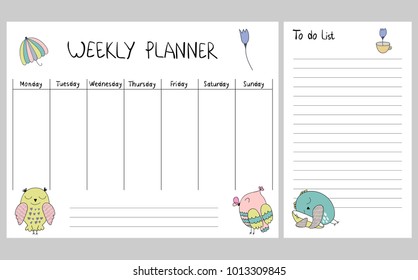 Hand drawing vector weekly planner with owls.