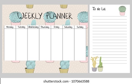 Hand Drawing Vector Weekly Planner With Cactuses.