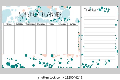 Hand drawing vector weekly planner. Abstract painting templates.