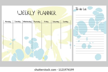 Hand drawing vector weekly planner. Abstract painting templates.