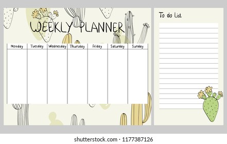 Hand drawing vector weekly planner with cactuses.