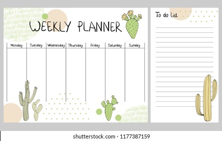 Hand drawing vector weekly planner with cactuses.