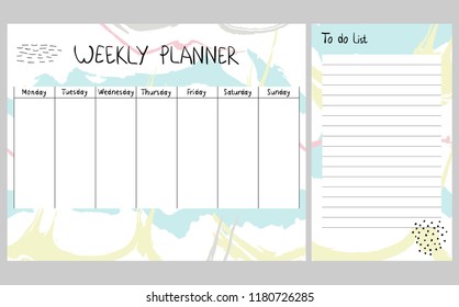 Hand drawing vector weekly planner. Abstract painting templates.
