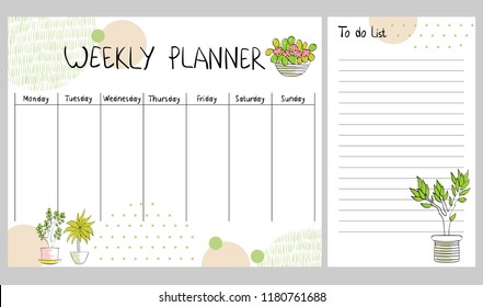 Hand Drawing Vector Weekly Planner With Plants.