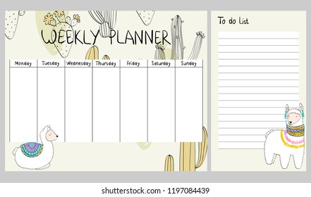 Hand drawing vector weekly planner with cactuses.