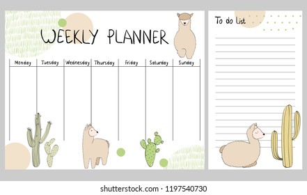 Hand drawing vector weekly planner with cactuses.
