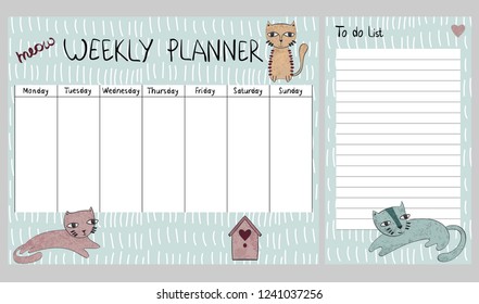 Hand drawing vector weekly planner with cats.