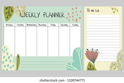 Hand drawing vector weekly planner with stylish stylized leaves.