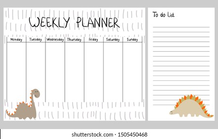 Hand drawing vector weekly planner with dinosaurs.