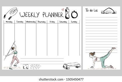 Hand drawing vector weekly planner. Fitness vector illustration.