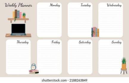 Hand drawing vector weekly planner with home interior decor, books and plants illustrations. Template for agenda, schedule, planners, checklists, notebooks, cards and other statione