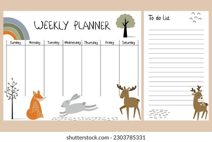 Planner semanal de dibujo manual con animales del bosque.