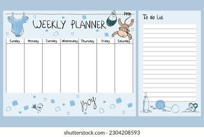 Hand drawing vector weekly planner with baby elements.