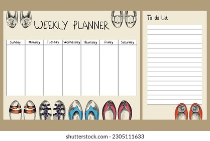 Hand drawing vector weekly planner with shoes.
