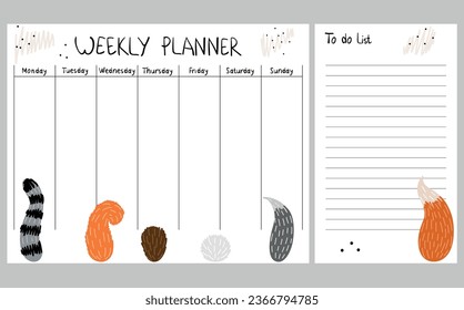 Hand drawing vector weekly planner with animal tales.