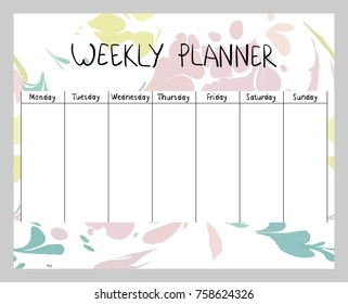Hand drawing vector weekly planner. Abstract painting templates.