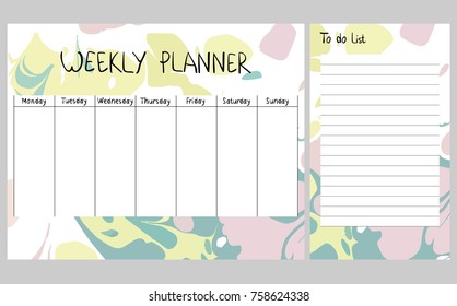 Hand drawing vector weekly planner. Abstract painting templates.