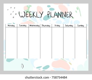 Hand drawing vector weekly planner. Abstract painting templates.