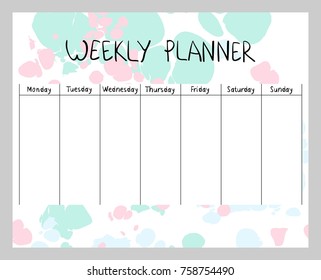 Hand drawing vector weekly planner. Abstract painting templates.