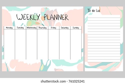 Hand drawing vector weekly planner. Abstract painting templates.