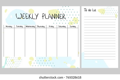 Hand drawing vector weekly planner. Abstract painting templates.