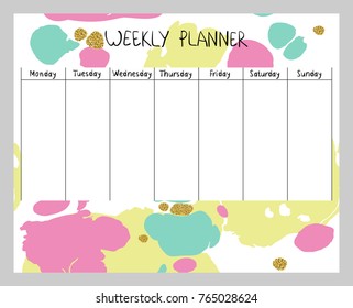 Hand drawing vector weekly planner. Abstract painting templates.