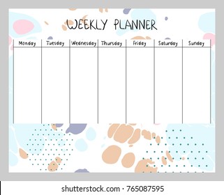 Hand drawing vector weekly planner. Abstract painting templates.