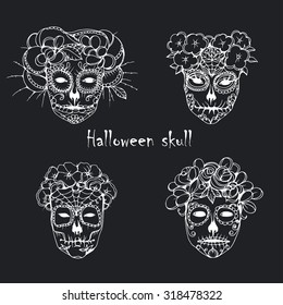 hand drawing  vector white skulls silhouette with flowers on black backgrounds for halloween and tattoo design