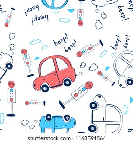 Hand drawing vehicles print design seamless pattern. Vector illustration design for fashion fabrics, textile graphics, prints.	