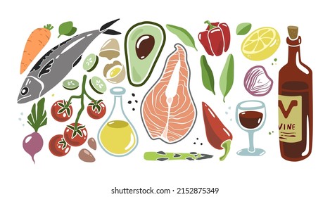 Hand Drawing Victor Colorful set Mediterranean Diet Food. Wine, lemon, pepper, salmon, oil, avocado, tomatoes in simple style. Use for your restaurant, cafe and menu design.