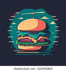 Hand drawing vintage Big burger, Hamburger logo vector illustration