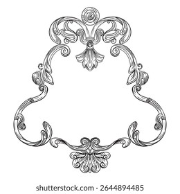 Hand drawing vintage border with flora ornaments. Engraved damask design element. Isolated monochrome vector illustration on a white background. For design, print, fabric, invitation and wedding