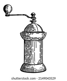 Hand drawing vintage coffee grinder. Coffee shop. Manual coffee grinder. A sketch in ink.